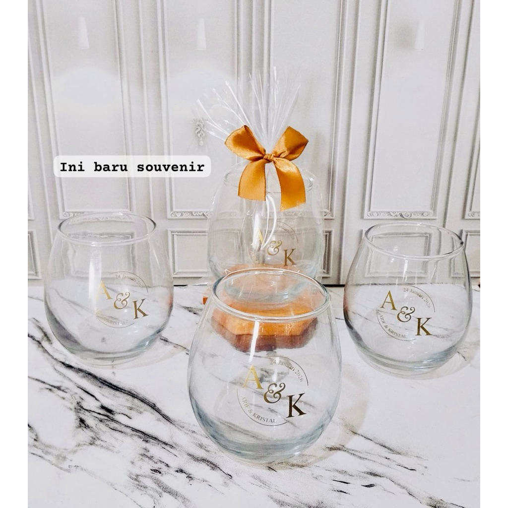 Souvenir pernikahan gelas kaca tuscany / gelas telor / gelas egg plus cetak sablon custom