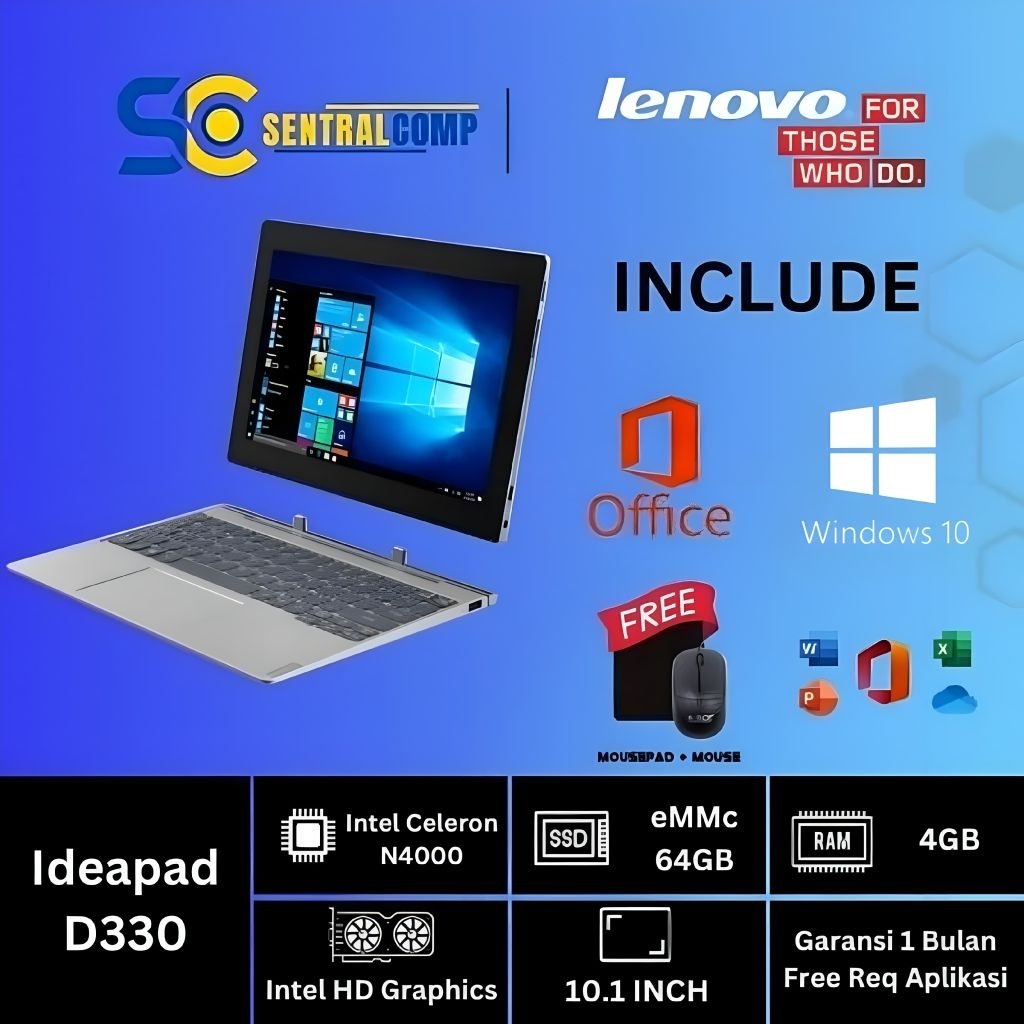 Lenovo ideapad D330 2in1 CELLERON N4000 Series /Ram 4GB /SSD EMMC 64GB -Second Mulus Bergarasi