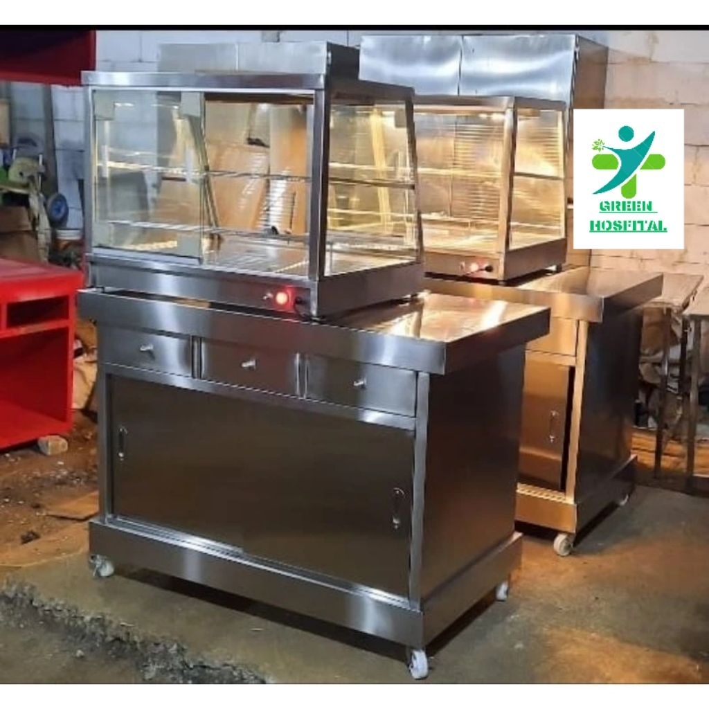meja booth stainless warmer fried chicken 1 set ukuran 150cm