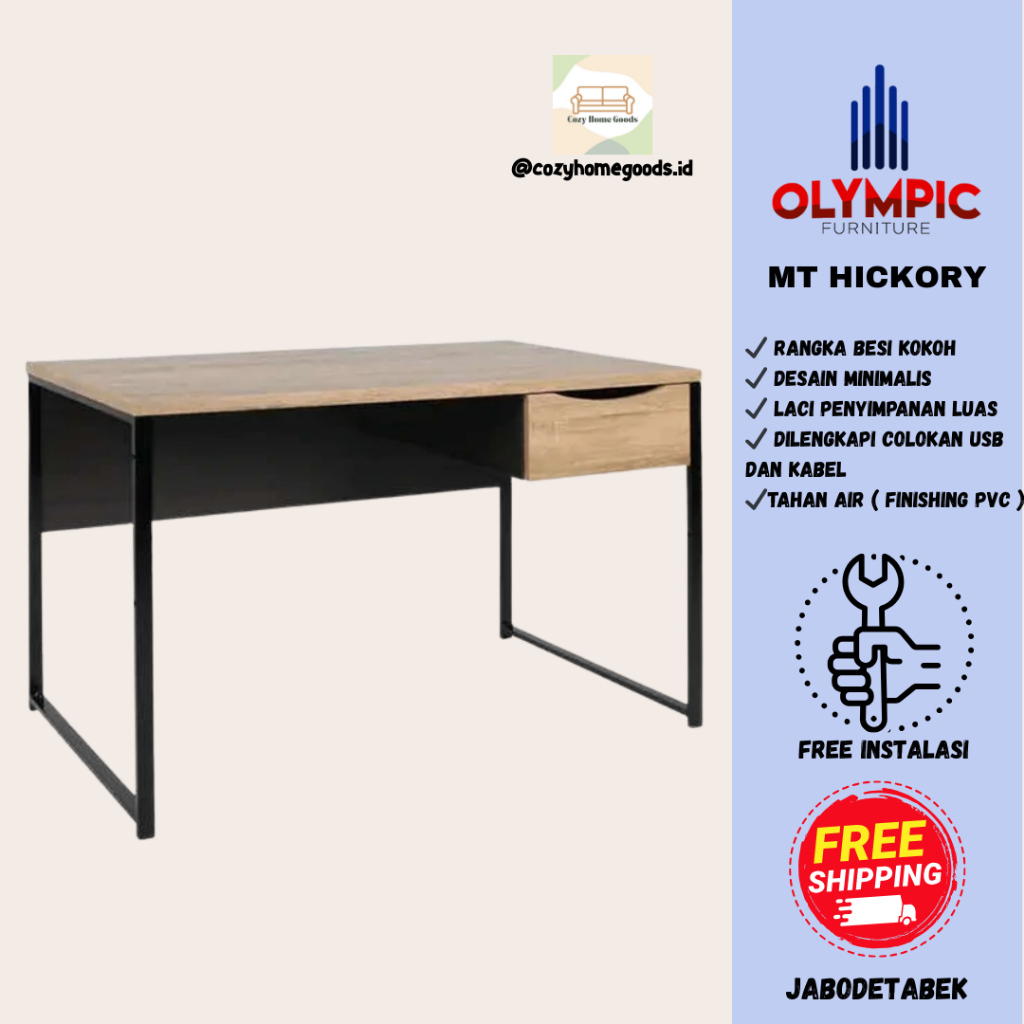 Meja Kantor - Olympic MT HICKORY - Meja Minimalis - Kerja - Belajar - Meja Tulis - Rangka Besi