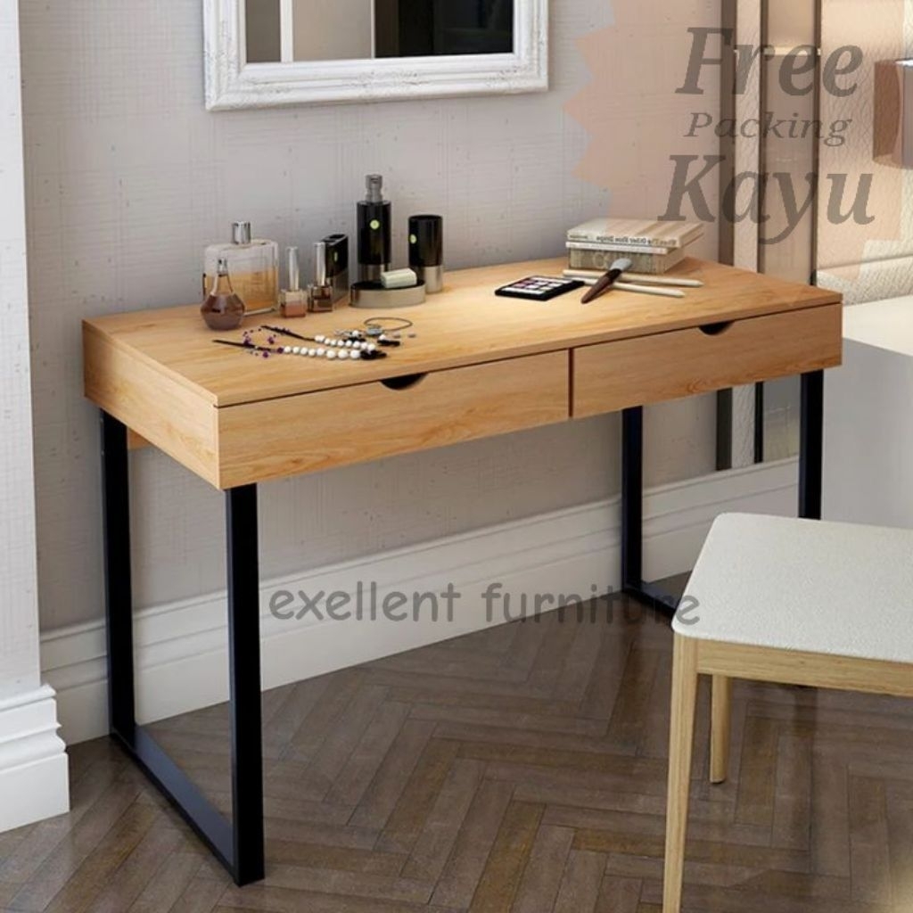 meja kerja meja belajar meja rias minimalis modern multifungsi, 2 laci kaki besi
