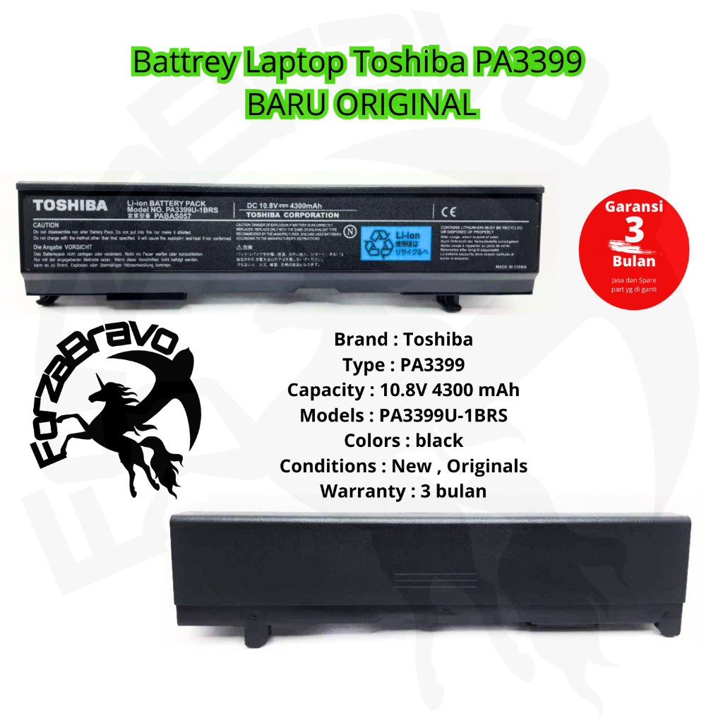 Toshiba Baterai Laptop PA3399U-1BRS 10.8V 4300mAh Garansi 3 Bulan Original Hitam Baru untuk Toshiba 