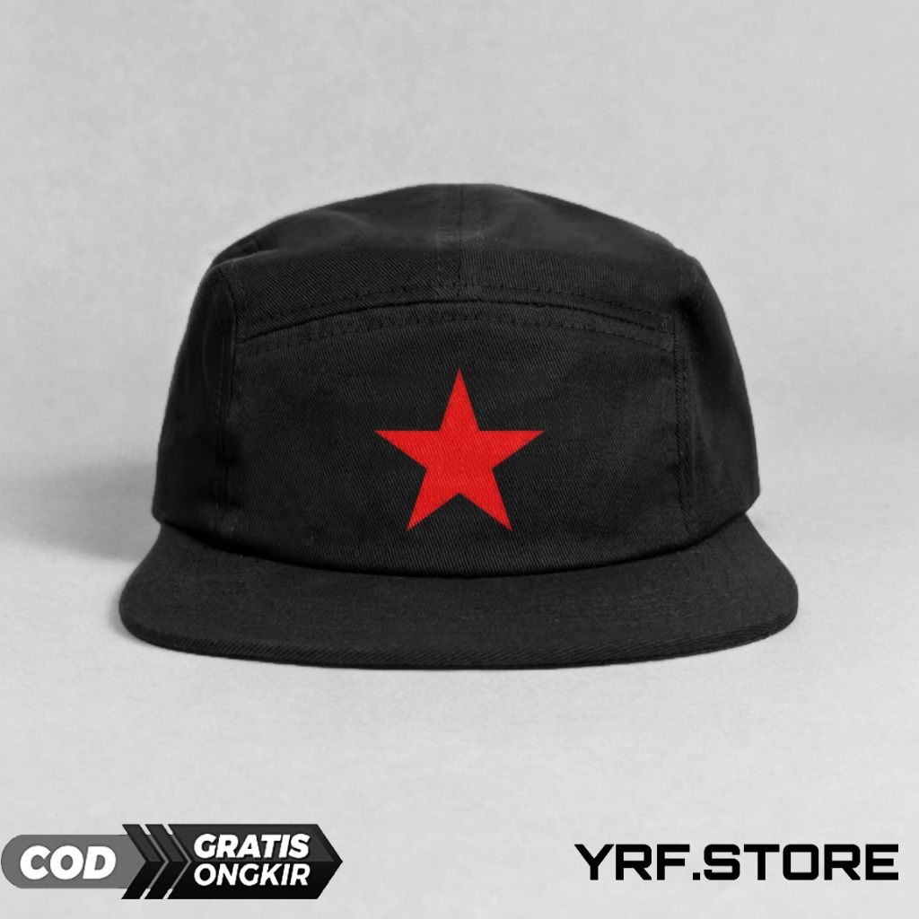 topi snapback 5 panel YRF.STORE warna hitam logo bintang merah viral