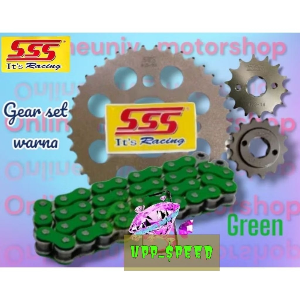 GEAR SET SSS ORI  RANTAI WARNA UK MEGA PRO- CB150- CB150OLD- CB100-  VERSA- TIGER- GL100- GL PRO- DL
