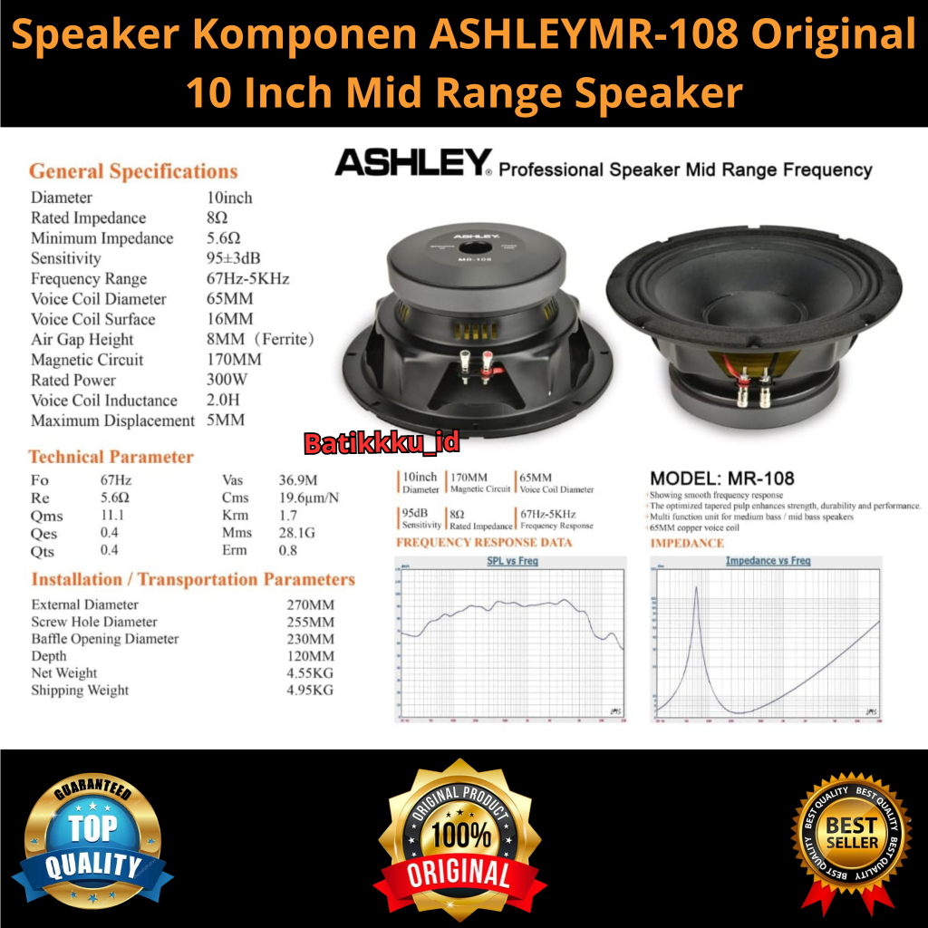 Speaker Komponen ASHLEY MR 108 MR108 Original 10 Inch Mid Range Premium Speaker