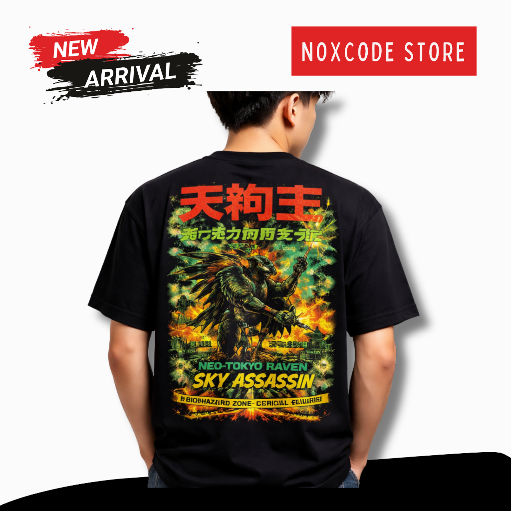 Noxcode Kaos Distro Jepang Neo-Tokyo Raven Tengu - T-Shirt Pria Sky Assassin Burung Elang Cyberpunk 