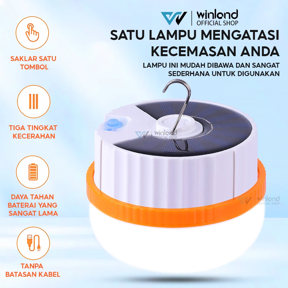 Winland Lampu Emergency Solar Tahan Lama LED Gantung Portable Tenaga Surya Bohlam  Cas USB Baterai L