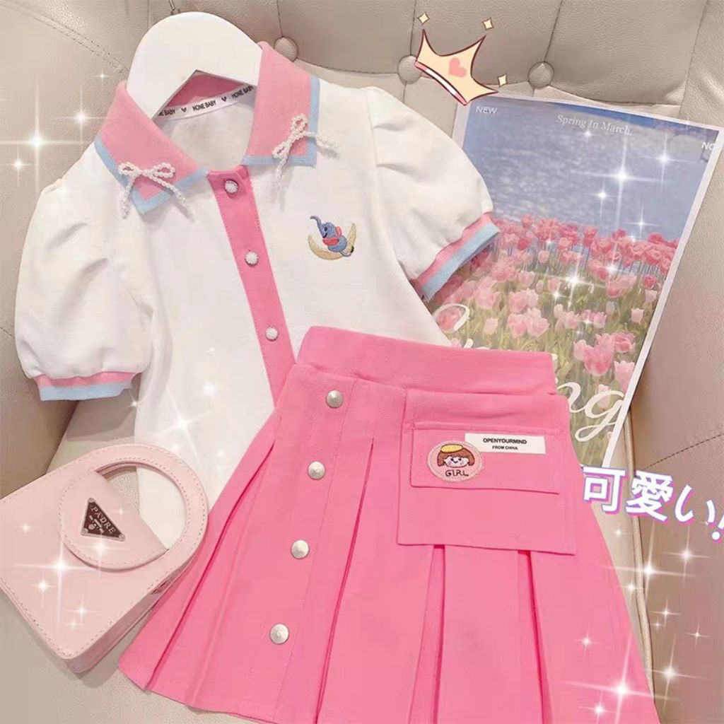 setelan school anak abg 2-18thn set japanese korean style school uniform pink set import