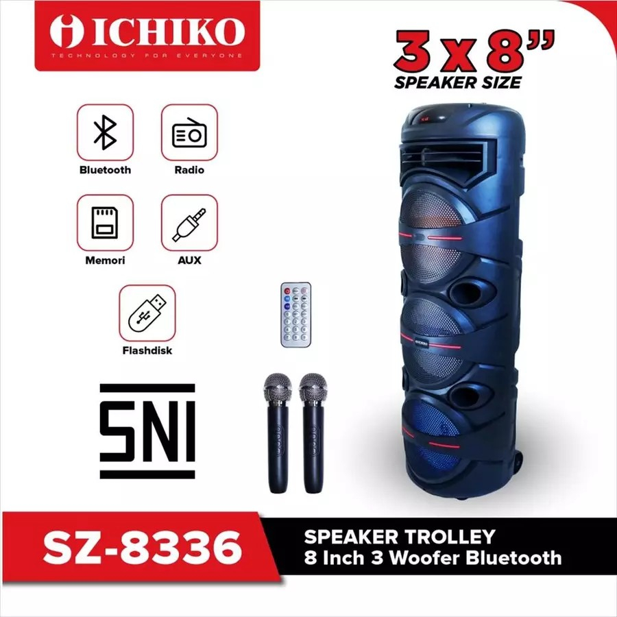 Ichiko SZ-8336 Speaker Trolley 3X8 Inch Woofer Bluetooth - Ori