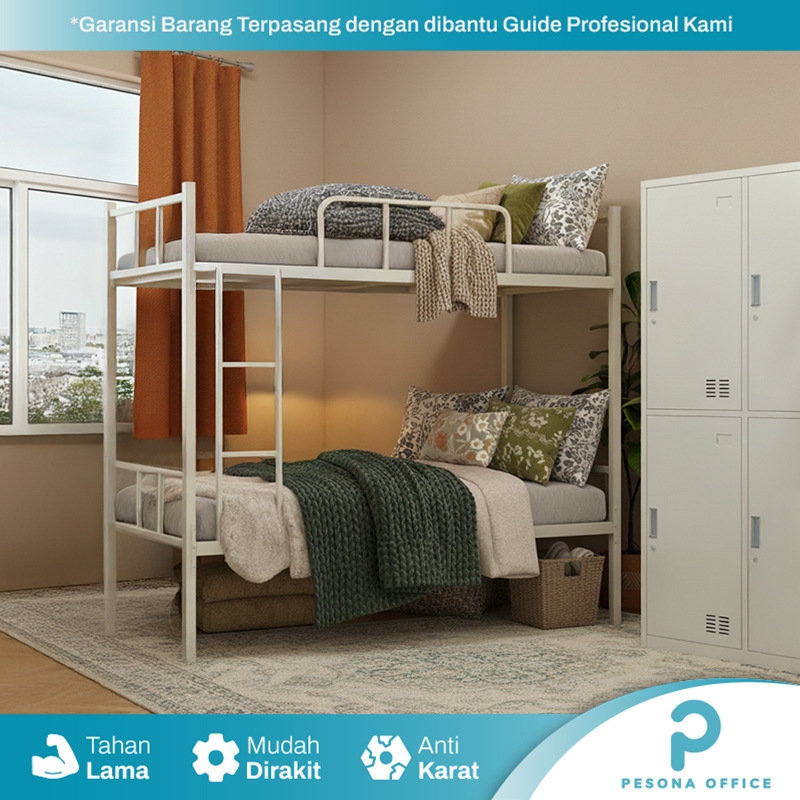 Ranjang Tingkat 2 Susun Besi Tempat Tidur Susun Dipan Asrama Ranjang Tingkat Anak Knockdown