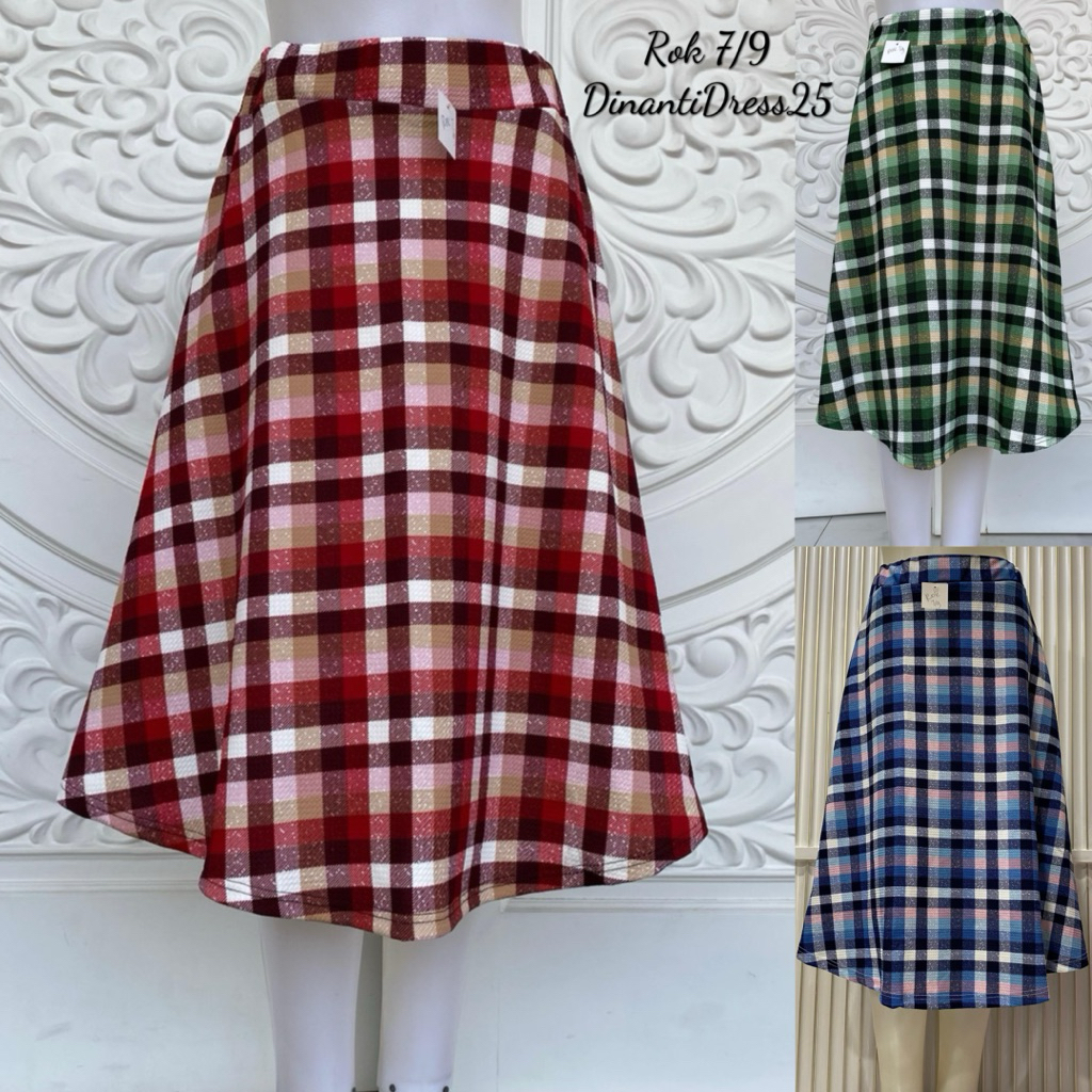 Rok Payung Korea Wanita 7/9 Bahan Waffel Motif Kotak