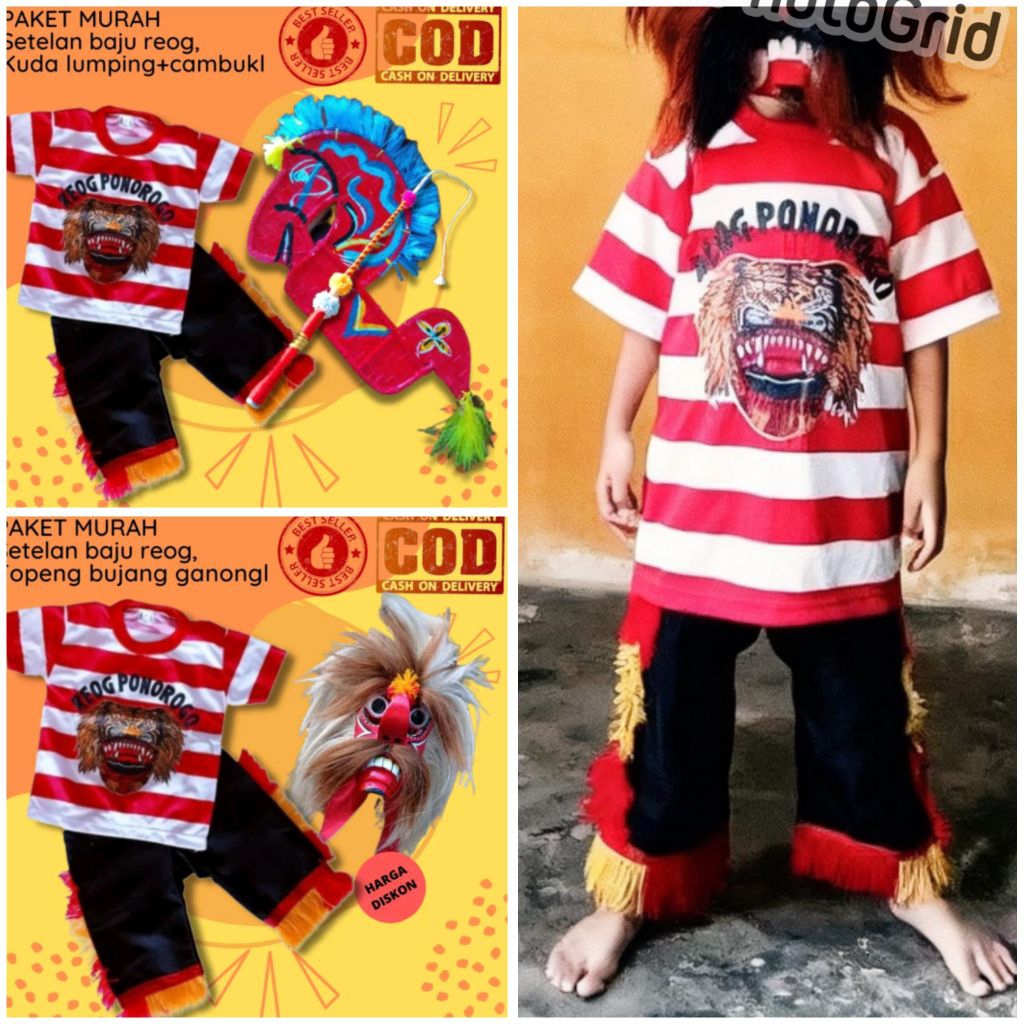 Stelan Reog Ponorogo Anak  Topeng Bujang Ganong Fullset – Topeng Ganongan Kayu Asli + Baju Reog