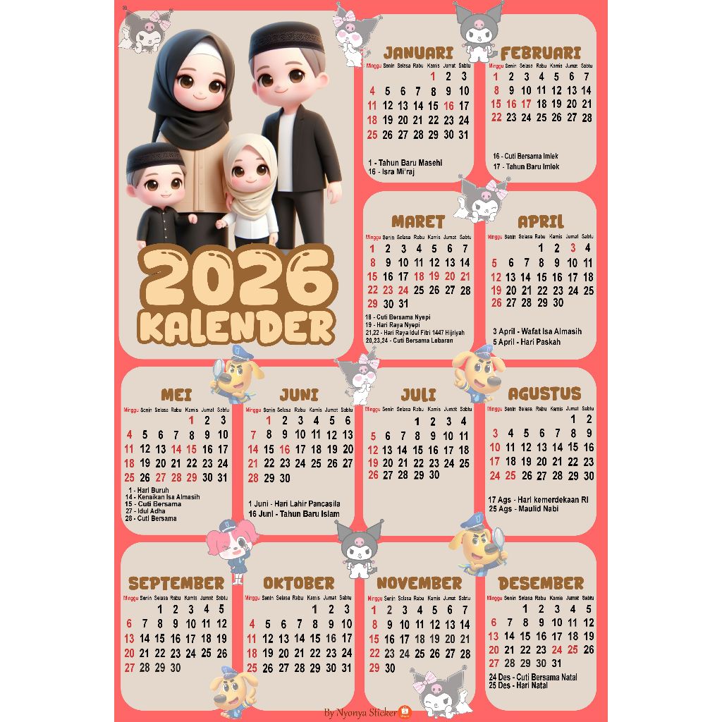 CUSTOM foto,karakter, warna kalender 2026 lengkap dengan tanggal merah
