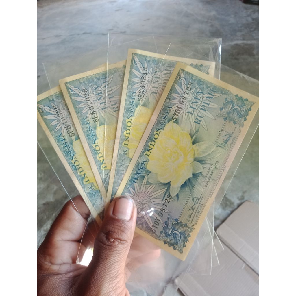 uang kertas kuno langka asli Indonesia pecahan 5 rupiah, seri bunga tahun 1959, semuanya hanya 60 ri