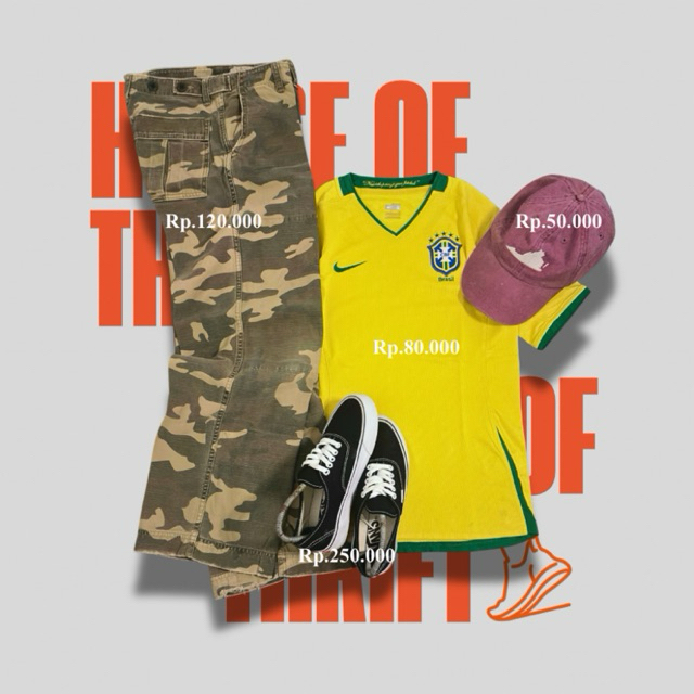 HouseOfThrift - Celana Baggy Army, Sepatu Vans Authentic, Jersey Brazil By@Nike, Topi Baseball Arman