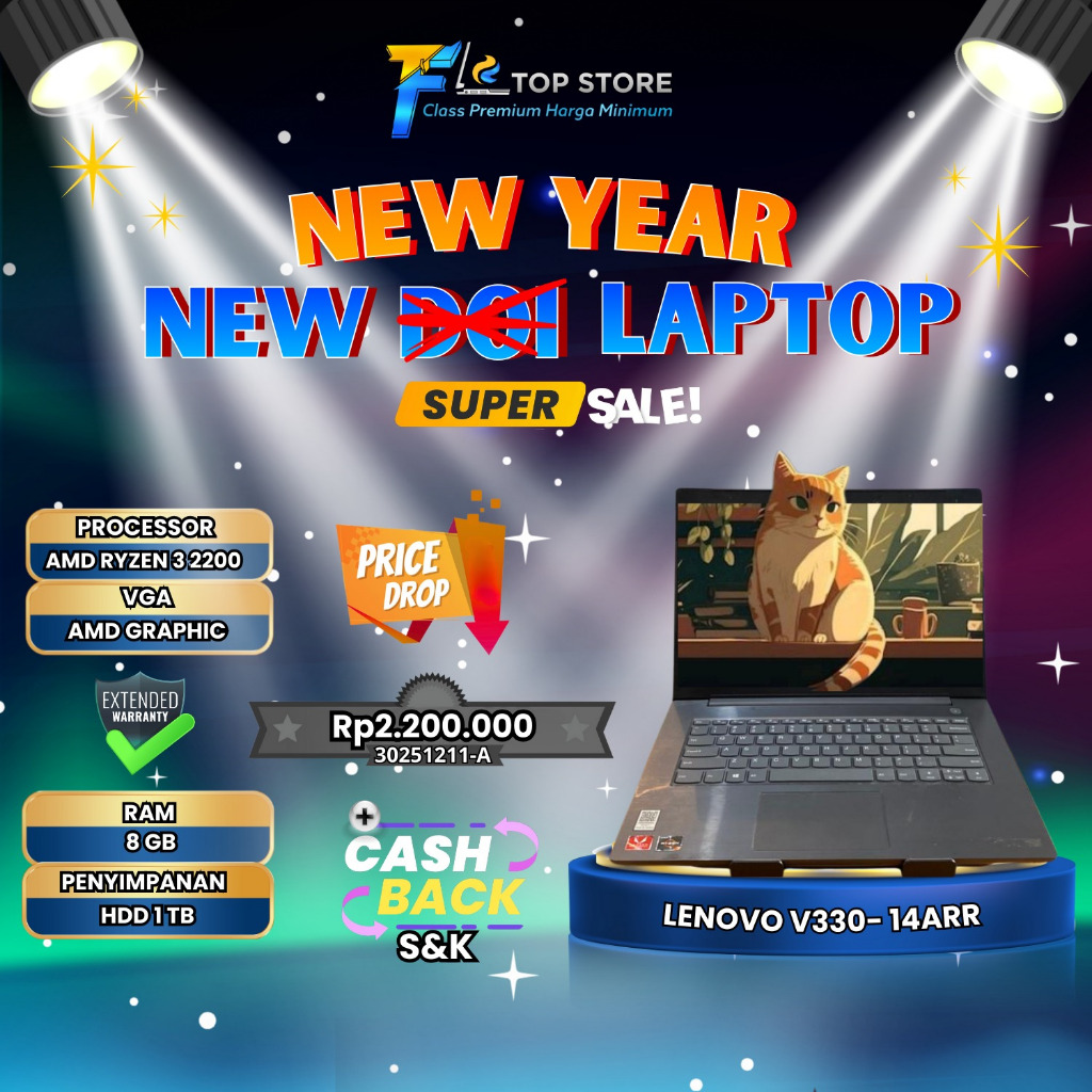 LAPTOP LENOVO V330-14ARR AMD RYZEN 3-2200 RAM HDD 1TB-LAYAR WS UJUNG