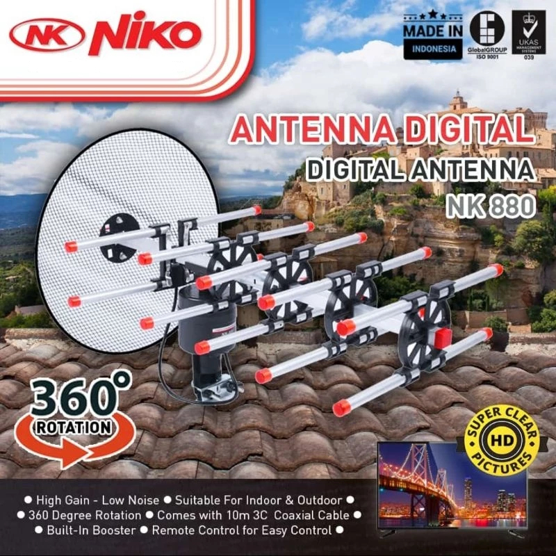 Niko NK880 Antena TV Tabung Digital Remote Indoor Outdoor Super Jernih BONUS Kabel Antena 10 Meter