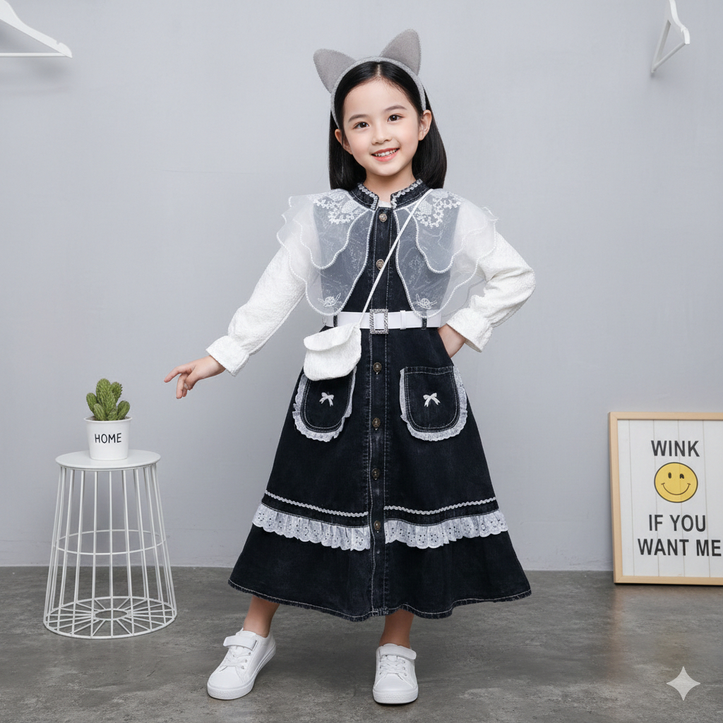 Gaun Full Jeans Kerah Organza Anak Perempuan Import Korean Style Masakini Kerah Organza Usia 3 - 10 