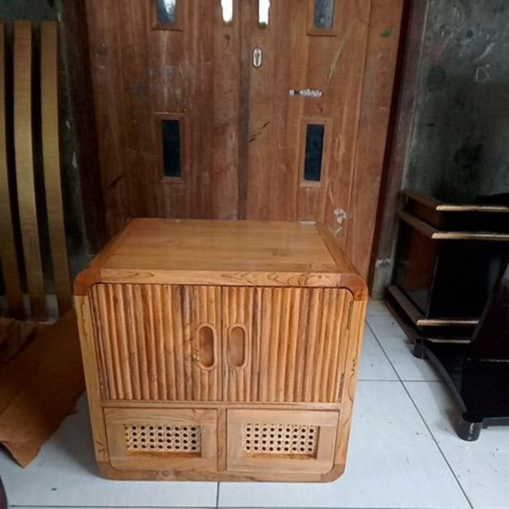 Meja Kamar Mandi Wastafel Vanity Bathroom Kayu Jati Kombinasi Rotan Pintu Motif  Salur