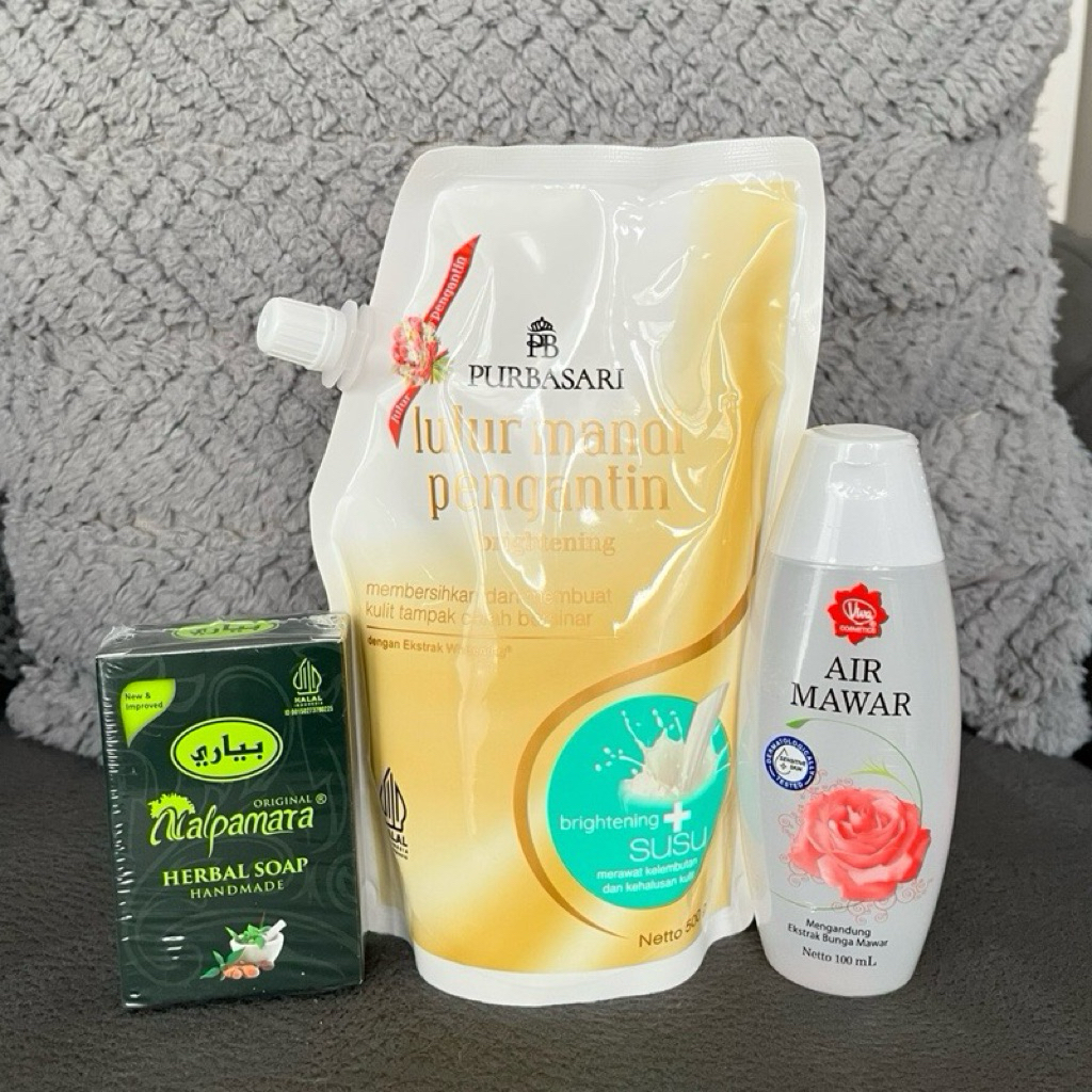 PAKET 3 Perawatan Tubuh Purbasari Lulur Mandi Pengantin Susu 500gr + Viva Air Mawar 100ml + Nalpamar