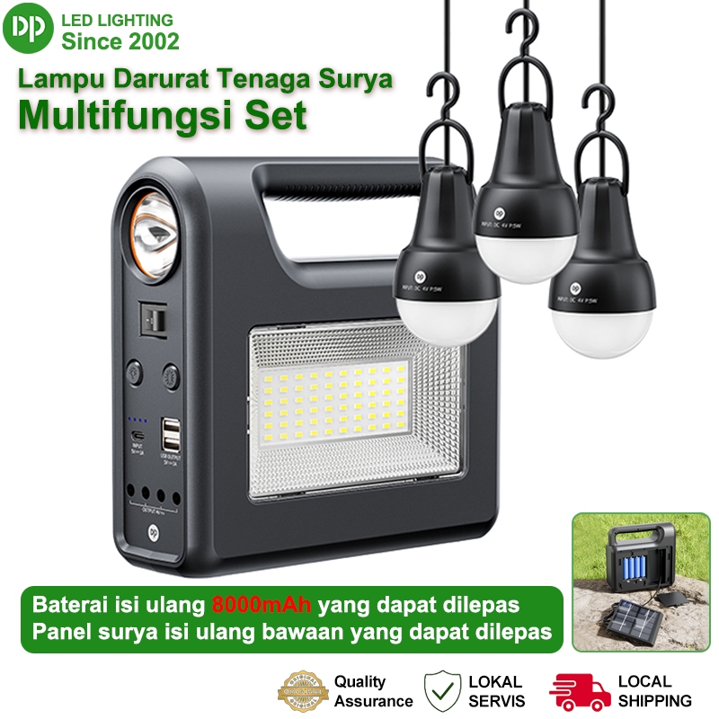 DP Lampu Darurat Tenaga Surya Multifungsi Set 8000mAh dengan Panel Surya dan 3 Lampu LED, USB Output