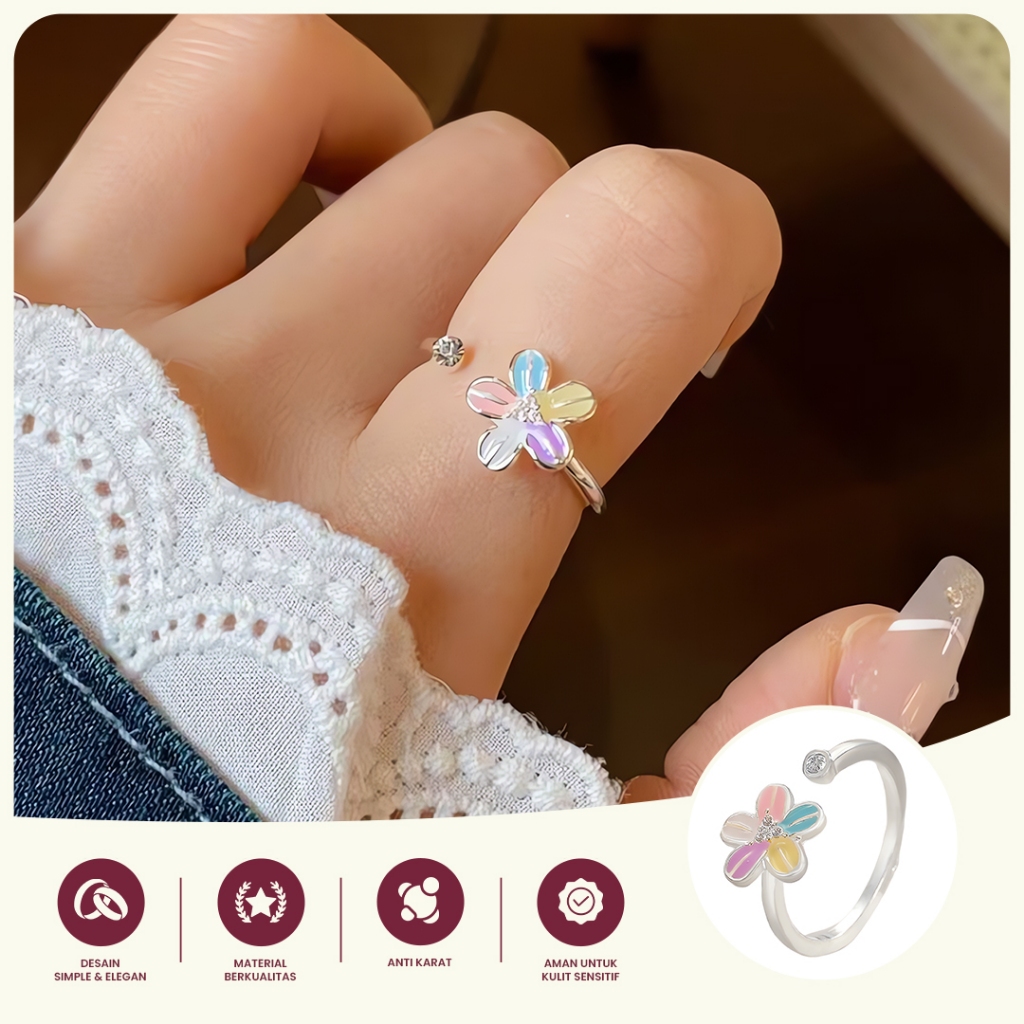 Cincin Bunga Rainbow Silver Adjustable Simple Cute - Cincin Wanita Mewah