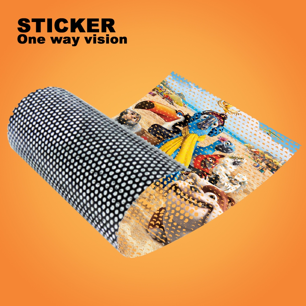 cetak sticker one way untuk di kaca, kantor, mobil