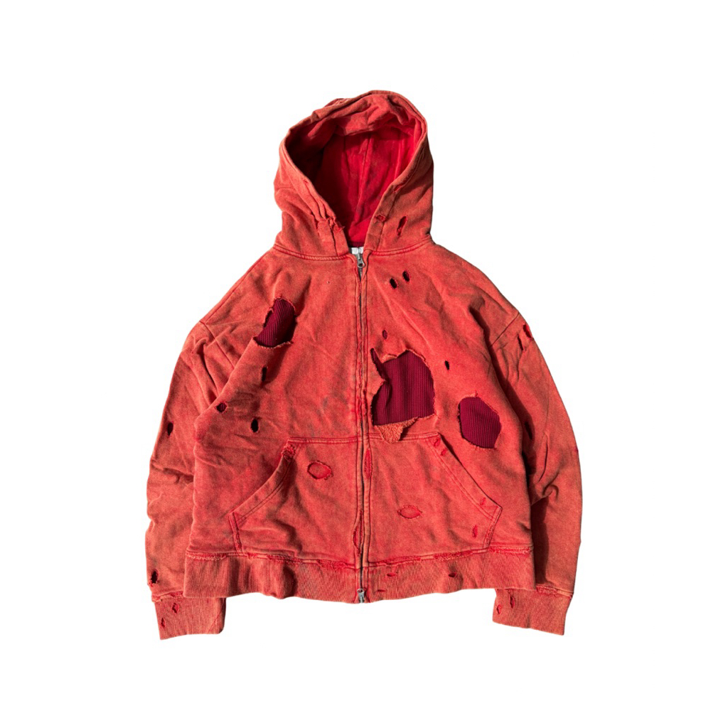 Hotel Official Washed Distressed Trashed Double Zip Hoodie Red
