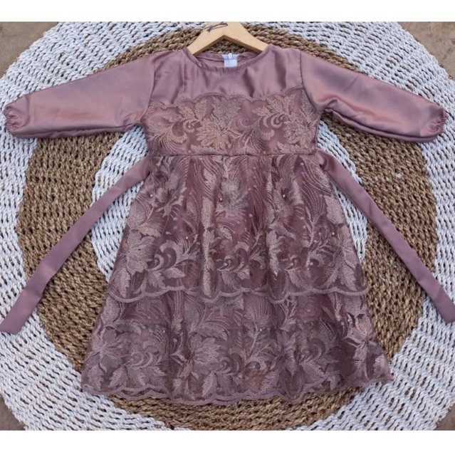 Gamis Brokat Anak | Dres Brokat Tile Mutiara Premium Kombinasi Velvet