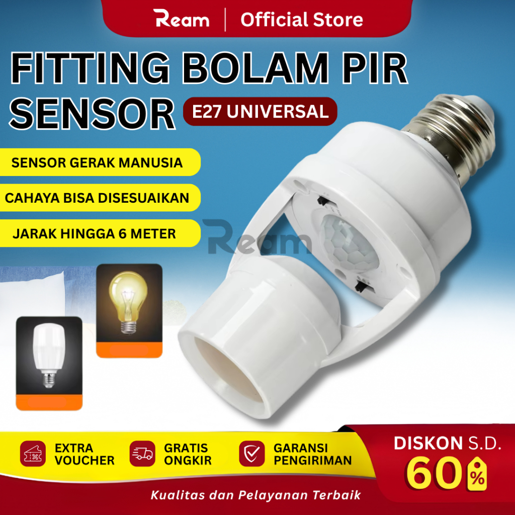 REAM Fitting Lampu Sensor Gerak Otomatis E27 Fitting Lampu Smart Sensor Gerak Infrared