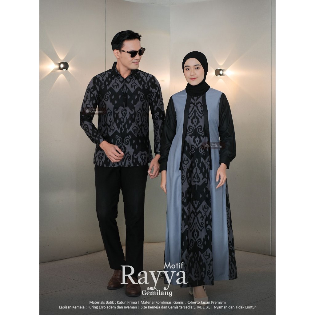Batik Gemilang- Motif RAYYA ABU-ABU Couple Gamis Batik Ramadhan & Lebaran – Elegan, Busui Friendly
