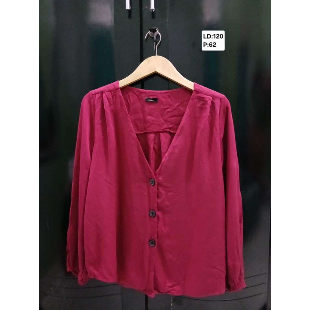 (COD)Atasan kemeja lengan balon rayon warna merah maroon