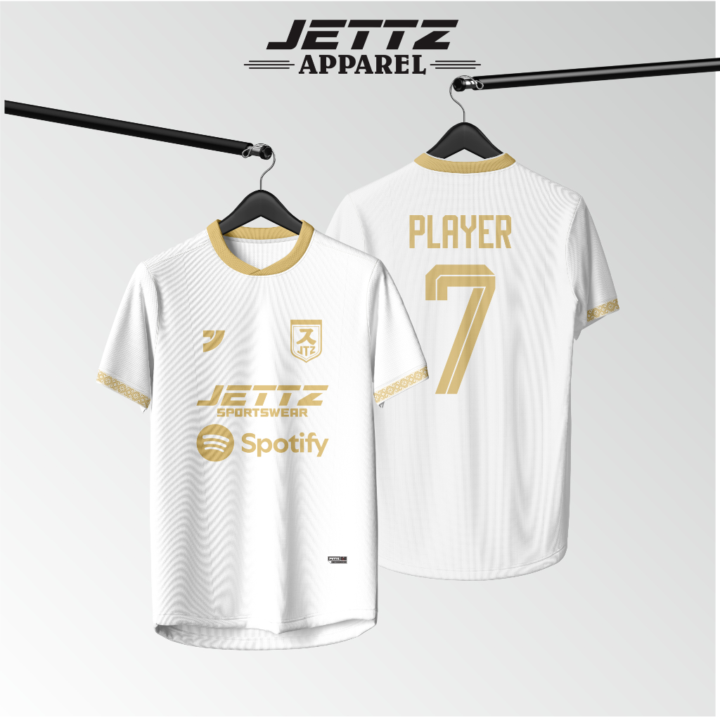 Jettz - Jersey Futsal Custom Full Printing Bahan Milano Setelan Warna Putih Gold | Jersey Bola Bebas