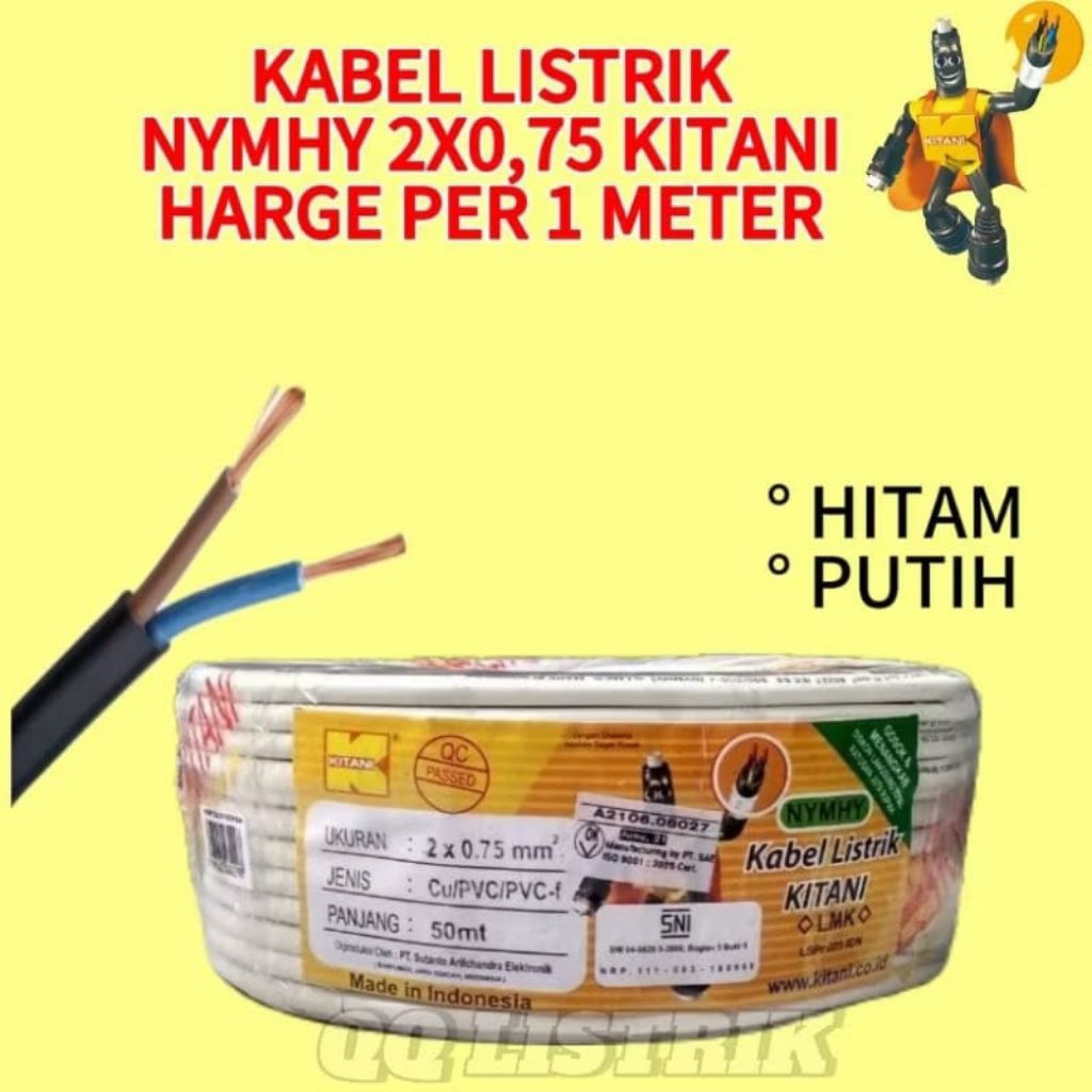 Kabel Serabut NYMHY 2x0,75 kitani Tembaga Murni Eceran 1 meter, Kabel Listrik 2x0,75 Kitani