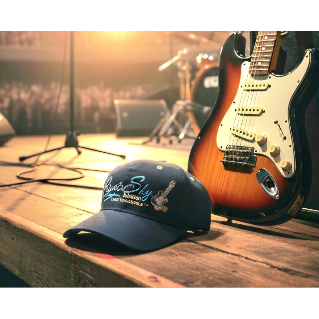 Topi Vintage Logo Pesawat Jet dan Gitar Fender Otto Original Second Warna Navy