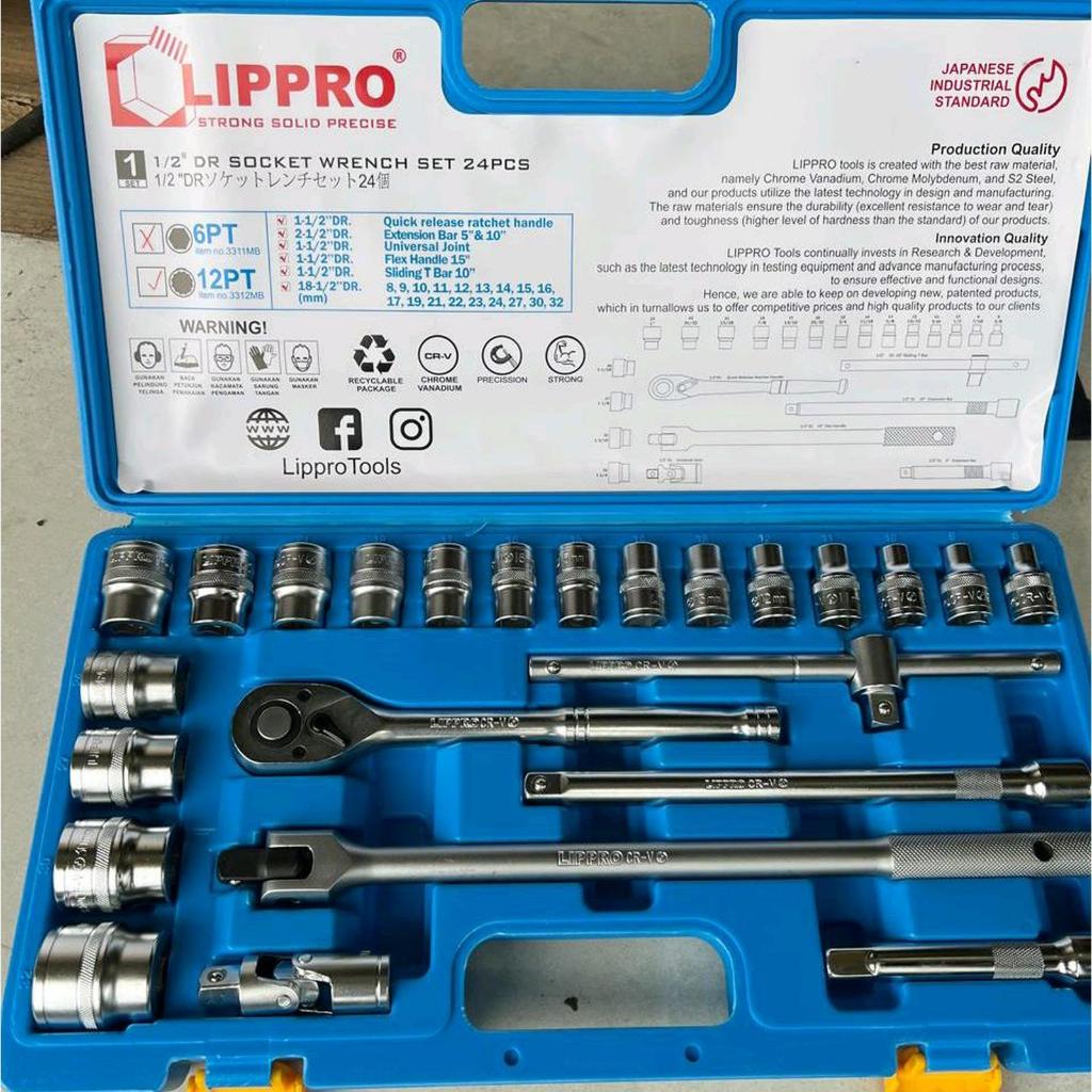 Kunci shock set lippro japan 24pcs 1/2" DR socket wrench set 24pcs