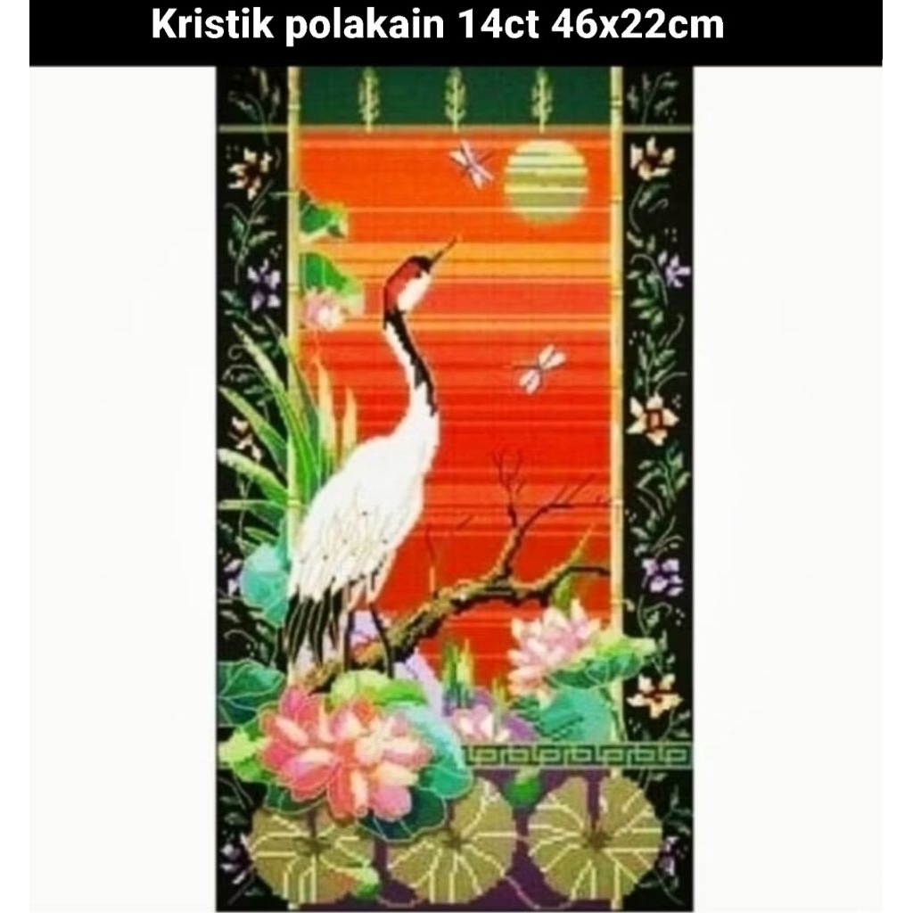 Paket kristik bangau crane oriental teratai lotus hewan sunset pola kain full cross stitch 14ct embr