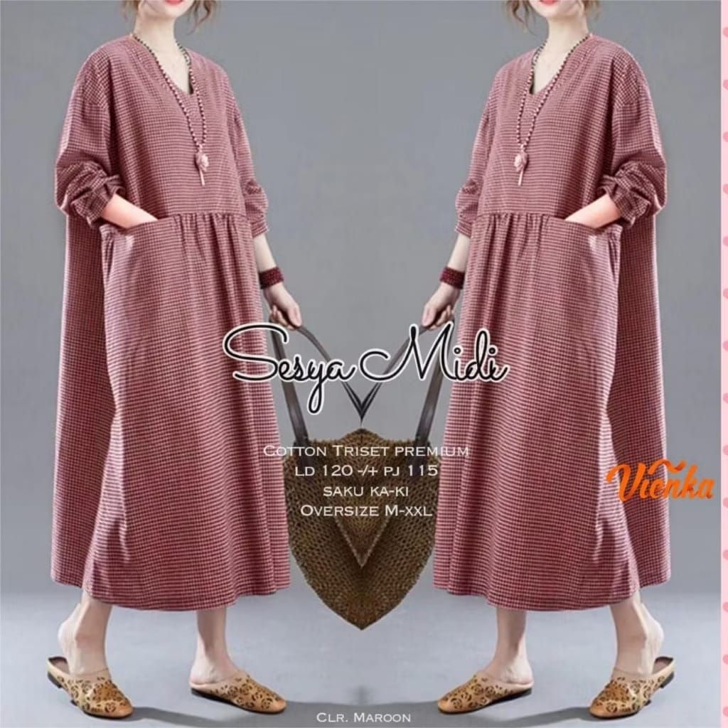 Sesya Midi Dress // Gamis Midi Katun Triset Premium Motif Kotak-kotak Kecil