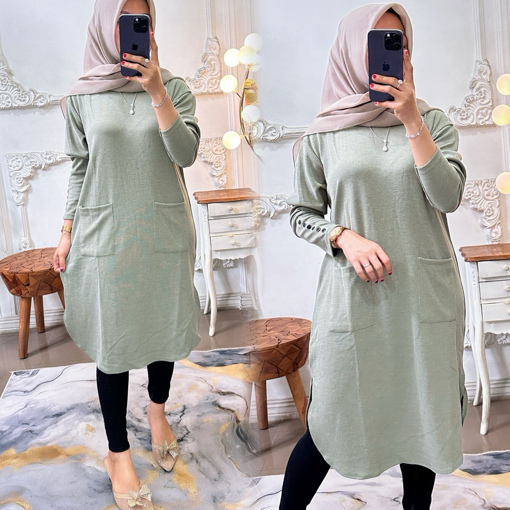 tunik saku atasan rajut mewah wanita