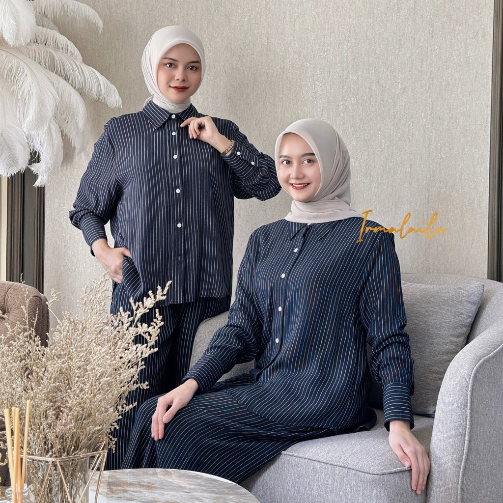 Jemma One Set Wanita Salur Stripe Oversize Atasan Kemeja Basic Salur Wanita Lengan Panjang by Irmala