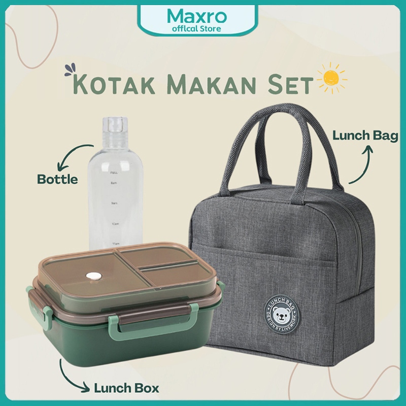 Maxro - Bundle Kotak Makan Set Lunch Box 3 Sekat Anti Tumpah Kotak Bekal Susun Free Sendok Garpu