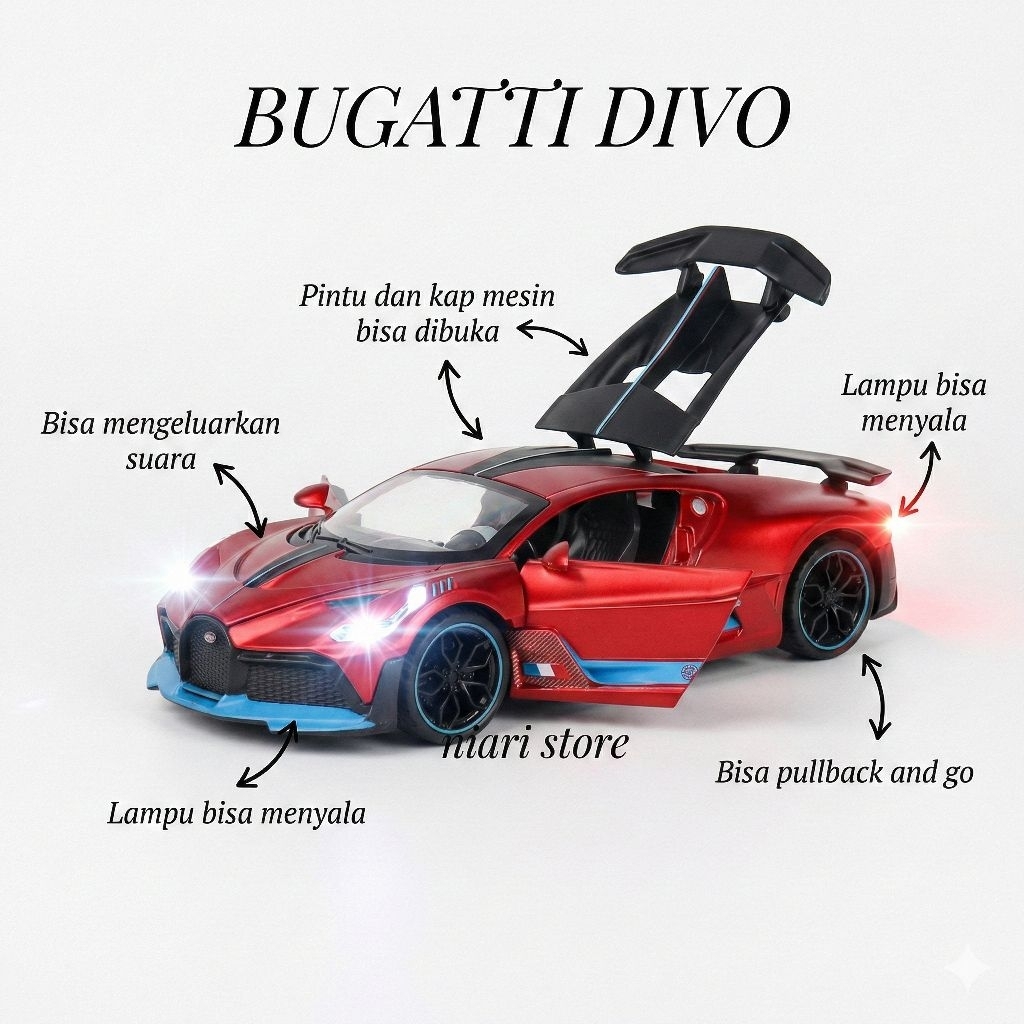 Diecast miniatur mobil bugatti divo skala 1:32 lampu suara menyala mainan anak pajangan