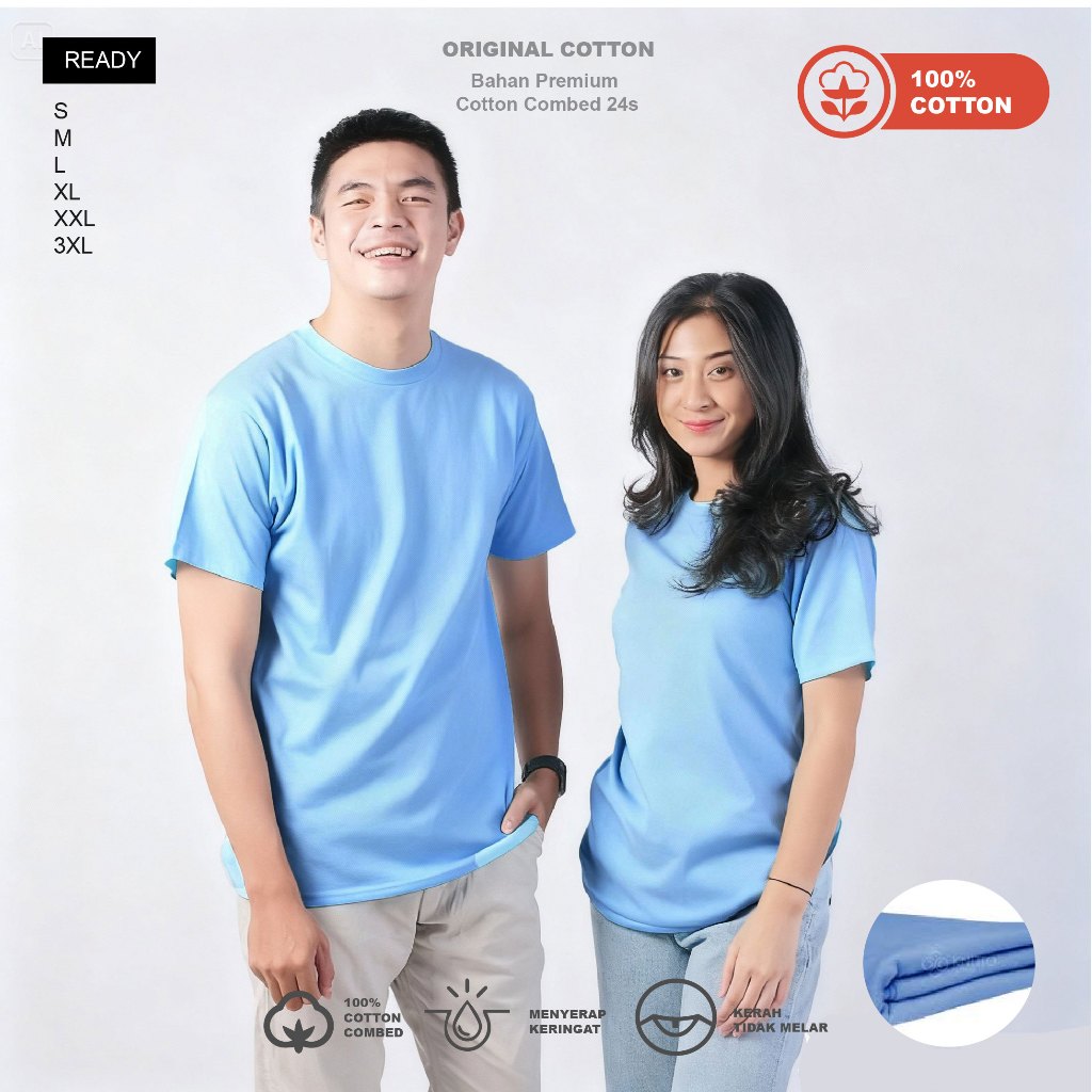 KAOS POLOS PENDEK - BIRU MUDA - BIRU BABY KATUN COMBED 24S 100% KATUN - UNISEX