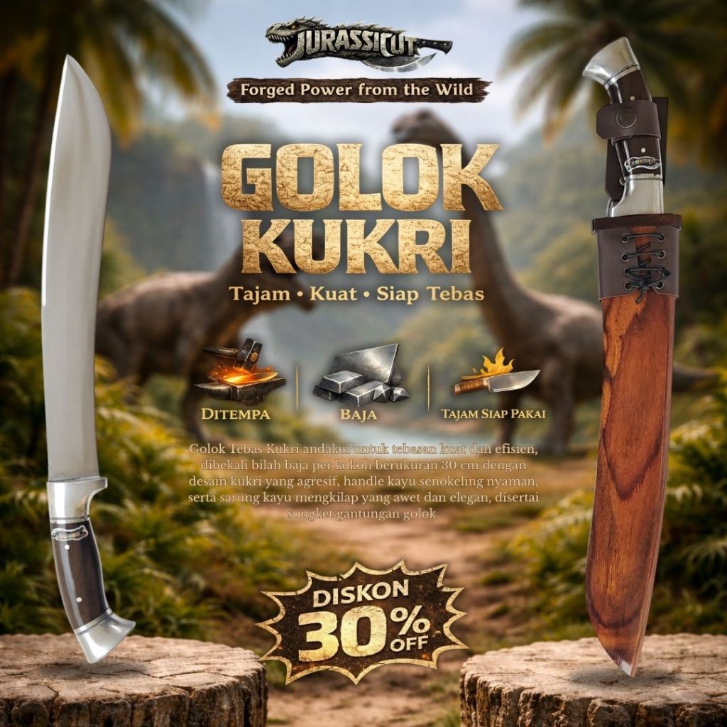 Pisau Kukri 30 cm Baja Sarung Kayu Senokeling Songket