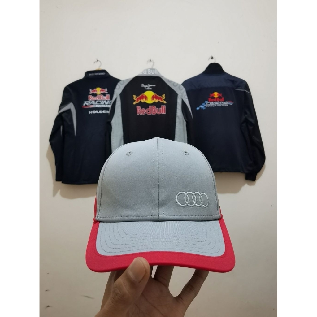 Topi Audi Logo Gray Red Adjustable Official OEM Motorsports Style