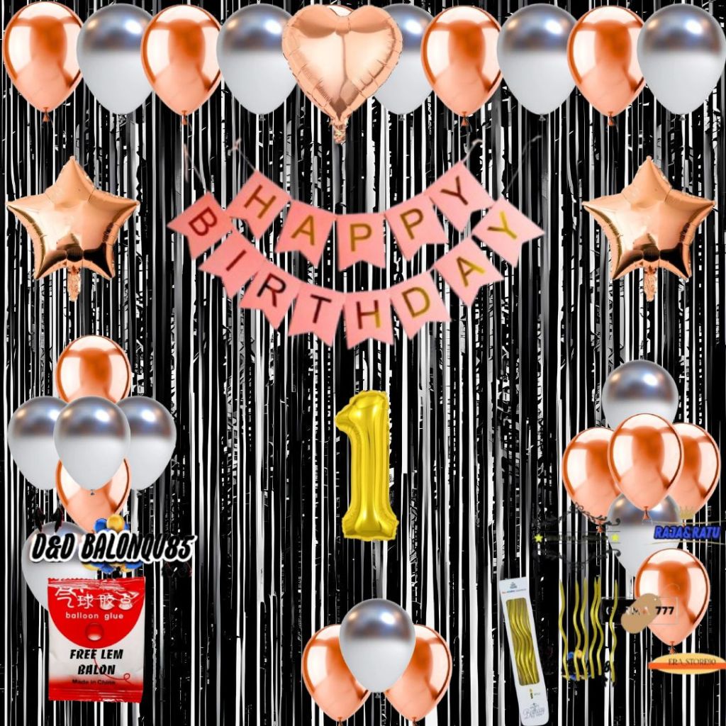 Paket Set Dekorasi Ulang Tahun Anak Balon Rosegold Mix Silver Tirai Foil Hitam Ultah Party