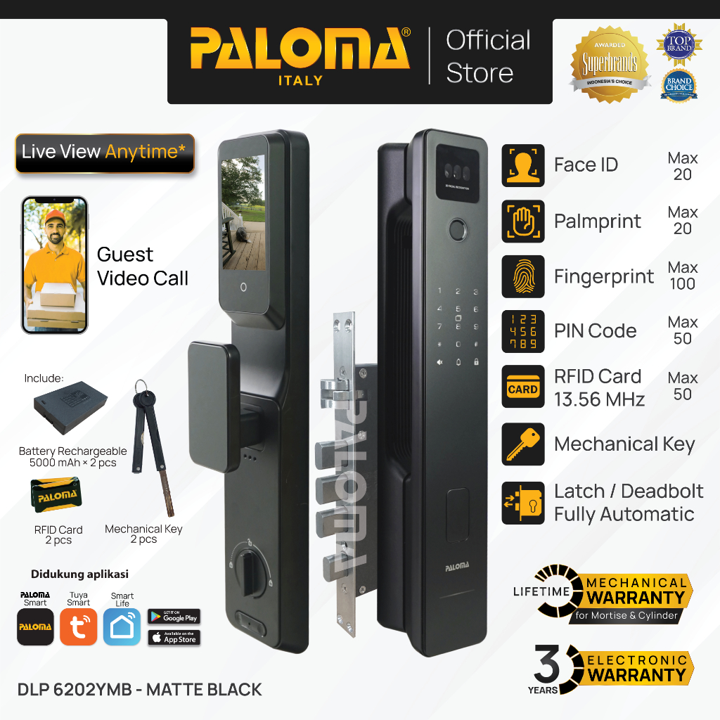 PALOMA DLP 6202YMB Smart Lock Kunci Pintu Digital Lock Smart Door Lock Smart Home Kunci Pintar 3D Fa