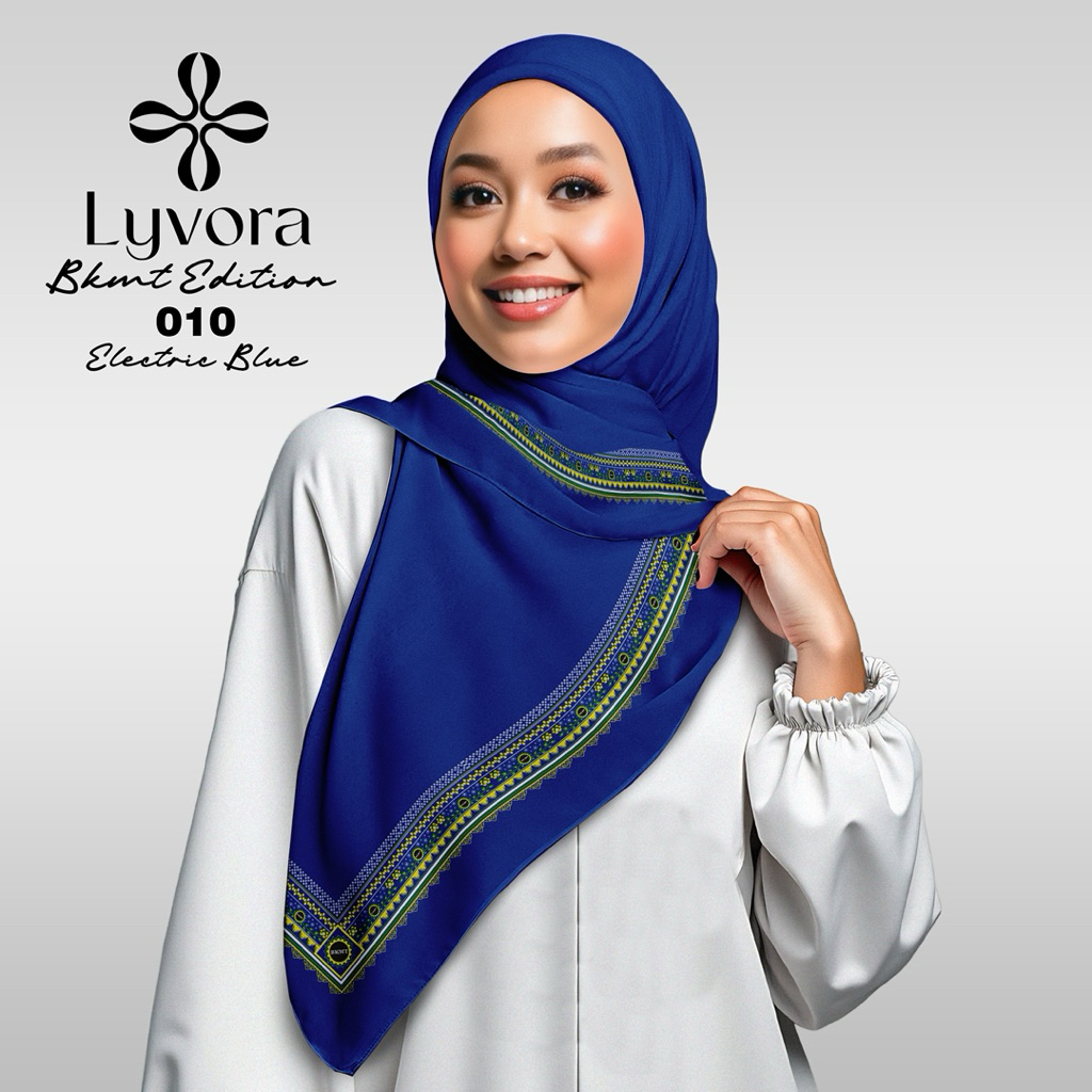 Jilbab BKMT - 010 Biru - Hijab Voal Premium Lyvora - Segi Empat Adem, Laser Cut, Zipper Bag