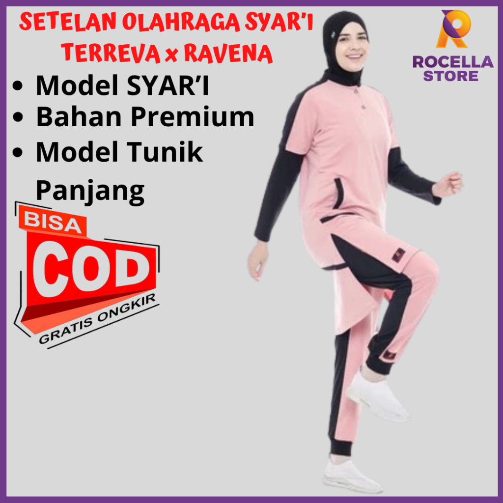 Kaos Olahraga Wanita Setelan Olahraga Muslimah Bahan Baby Terry Trening & Kaos Panjang Menutup Aurat