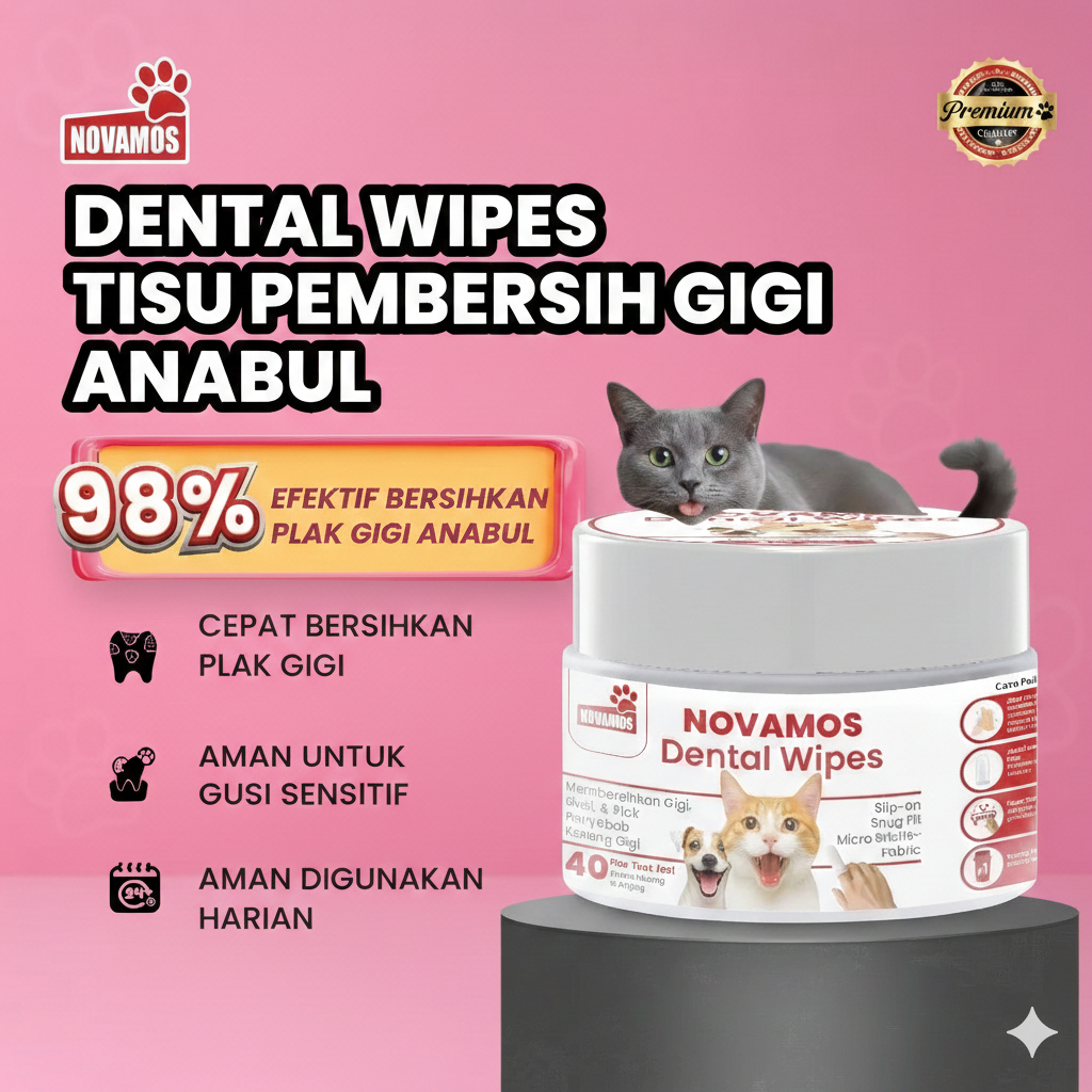 NOVAMOS Dental Wipes 40 Lembar Cara Mudah Bersihkan Gigi Anjing/Kucing, Bantu Cegah Penyakit Gusi da